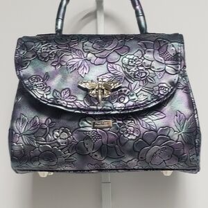 Floral Embossed Metallic Purple Rolled Handle Mini Handbag